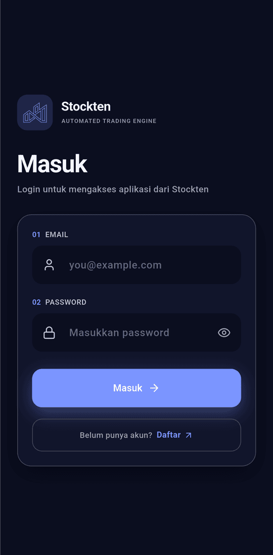 Layar masuk aplikasi Stockten dalam tema Horizon gelap